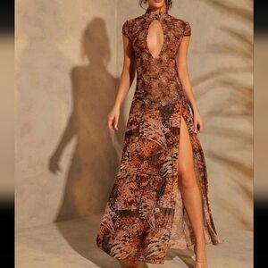 Abstract Butterfly Animal Print Sheer Mesh Midi Dress